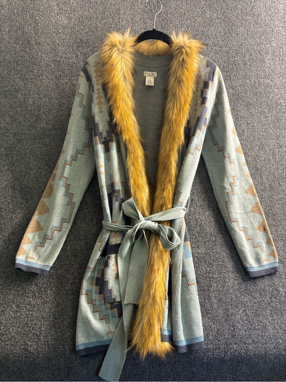 Tasha Polizzi Collection Jana Cardigan Faux Fur Trim Aztec Southwestern Print